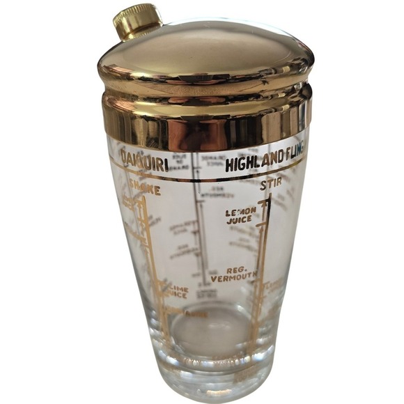 Vintage Mid Century Gold Recipe Glass Cocktail Shaker Martini Manhattan Bronx - Picture 6 of 12